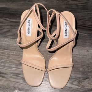 Steve Madden Nectur Sandals 8M Nude Strappy Stiletto Square Toe Chic Minimalist